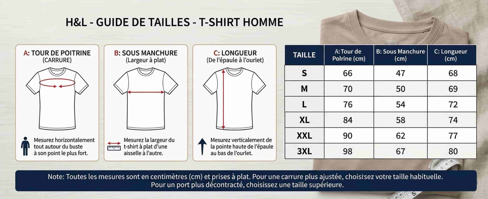 Tableau de mesures T-shirt